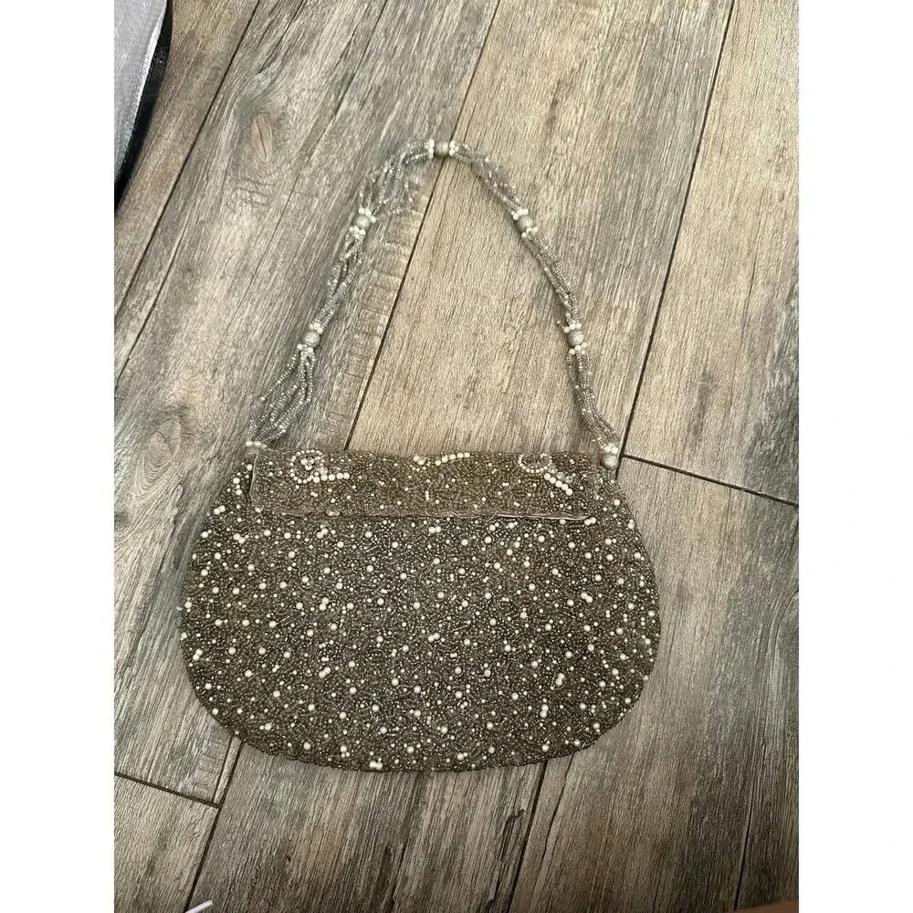 VIntage Round MAGID Silver gold Beaded w/ Strap Snap Closure Evening Bag - Picture 2 of 3